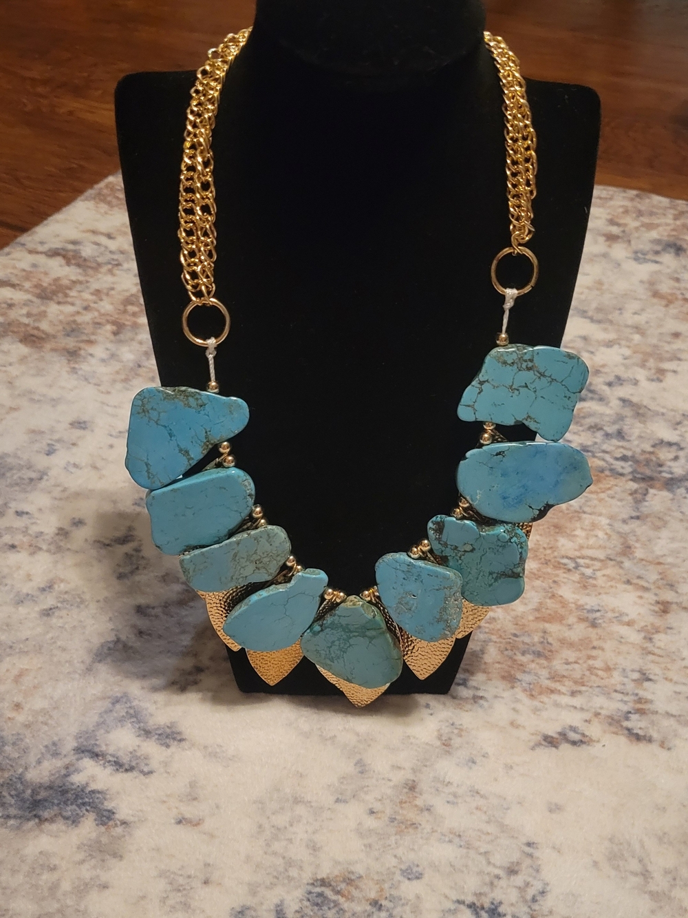 Sequin Turquoise Stone Statement Necklace with Gold Accents